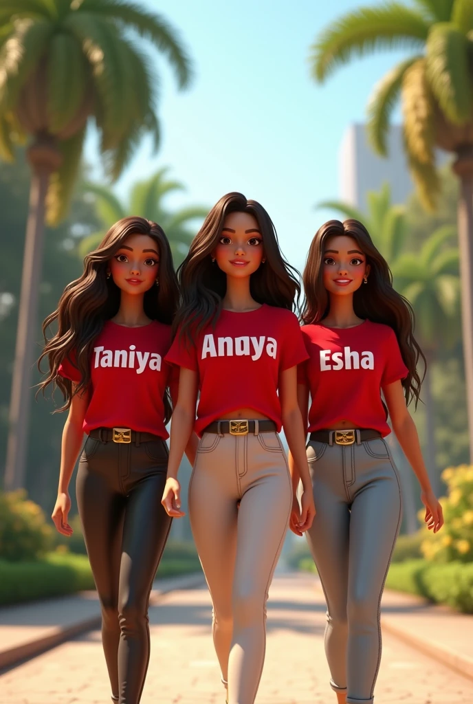A captivating 3D animated scene featuring three ravishing Latina ladies, Sarah, Maryam and Gazelle, with Bratz features and brown hair. They all wear red shirts with their names in bold letters and pants. A white T-shirt has a sign reading “Taniya” while Nadine reads “Anaya” The red shirt also carries a sign that says "Esha" With big smiles on their faces, the girls stroll through a picturesque park. Their long, wavy brown hair gently flows in the breeze, and their expressive brown eyes sparkle with joy. The background is a stunning 18k UHD photorealistic rendition of a lush garden, showcasing a mix of nature and urban elements. The overall vibe is fun and trendy, perfect for a summer day. Pictures, 3D rendering, fashion