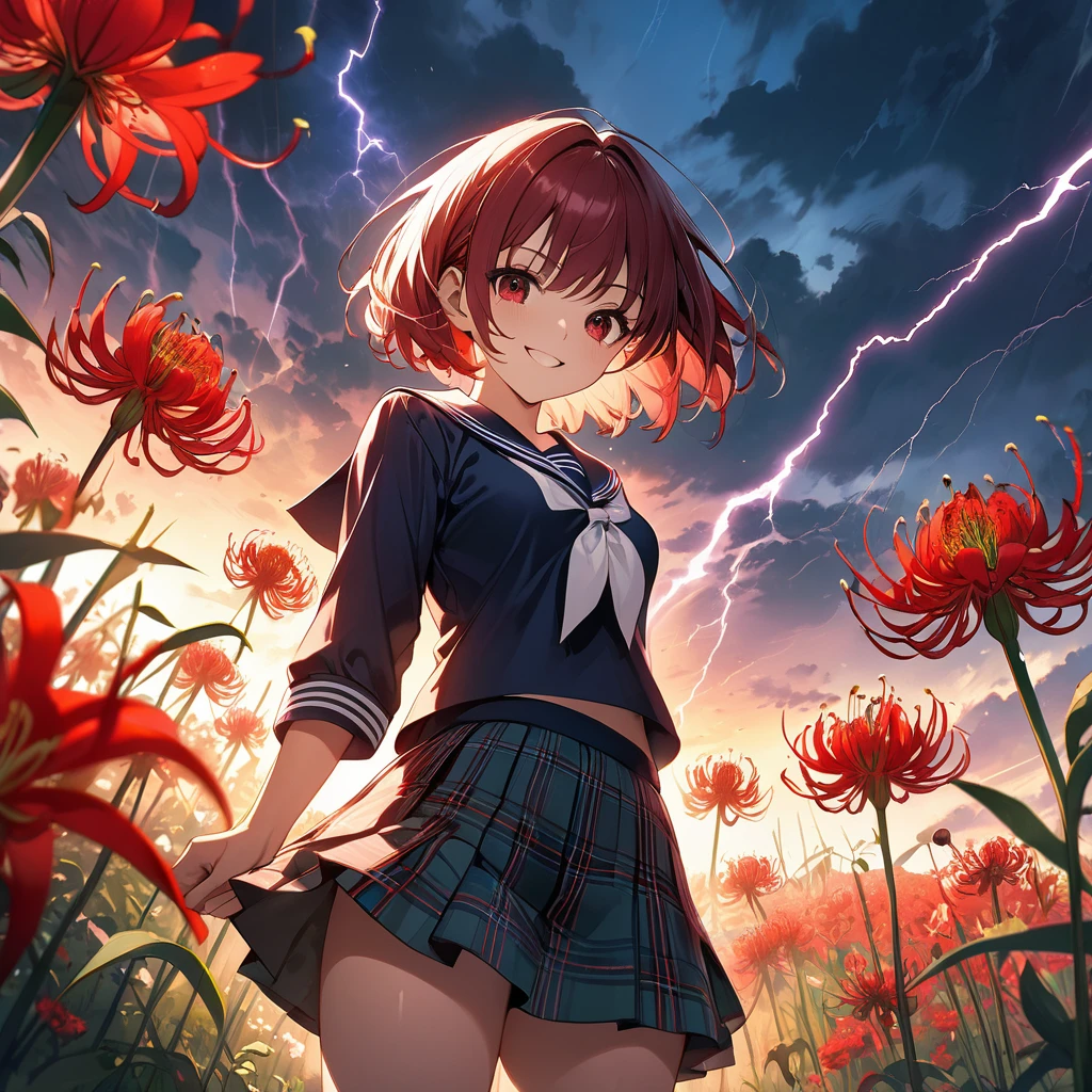 masterpiece、Bold, anime-style illustration、Dense painting、Horror taste、dusk、Cinematic lighting、Front camera angle、A field of red spider lilies、High school girl standing in flower garden、Beautiful girl、Invincible Smile、stylish、short hair、Short sailor suit、Cleavage、Tartan check mini skirt。Lightning strikes her。