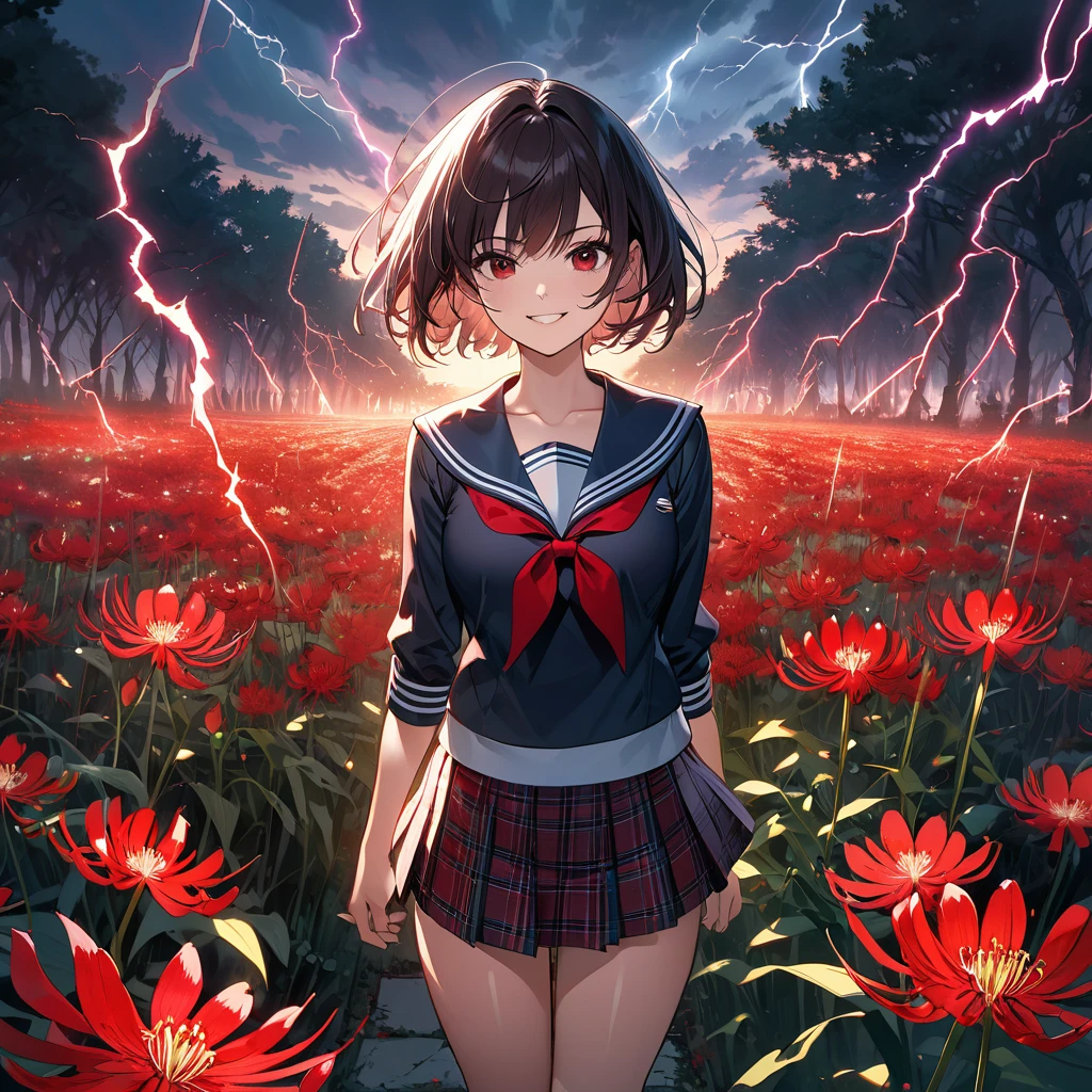 masterpiece、Bold, anime-style illustration、Dense painting、Horror taste、dusk、Cinematic lighting、Front camera angle、A field of red spider lilies、High school girl standing in flower garden、Beautiful girl、Invincible Smile、stylish、short hair、Short sailor suit、Cleavage、Tartan check mini skirt。Lightning strikes her。