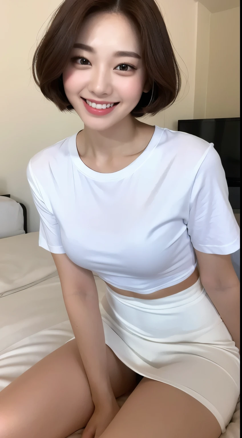 White tight shirt、White mini skirt、bed、smile、High resolution、Korean idol face、double eyelid、White teeth、short hair、Short sleeve