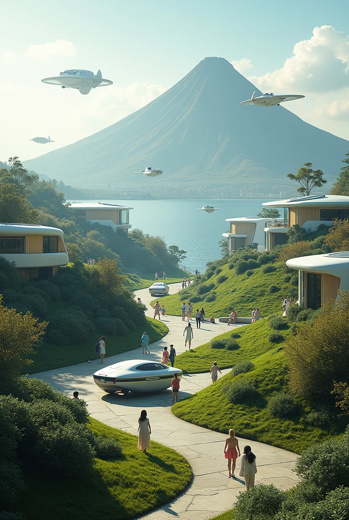 hills with lights and houses and cars and flying cars and modern house and peoples and floating house and volcano in lake