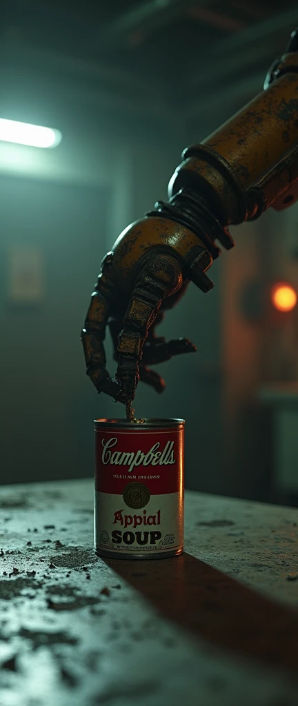 (masterpiece:1.2, Exceptional Quality, mirror-like, Cinematic Experience, Photorealistic:2.0, RAW Photos:2.0, Super detailed), 8k, 16:9, wallpaper, (In a dimly lit, cyberpunk-inspired room:2.0), (vintage, industrial robotic arm:2.0) slowly opening a can of soup with an electric can opener, cold, metallic textures, minimal lighting casting long shadows, reflecting surfaces with a dull, bluish-gray hue, (slightly rusted Campbell’s soup can with peeling labels:2.0), eerie sense of decay and abandonment, (faint orange glow from malfunctioning LED lights:2.0), (monochrome palette:2.0), nostalgic yet unsettling atmosphere.