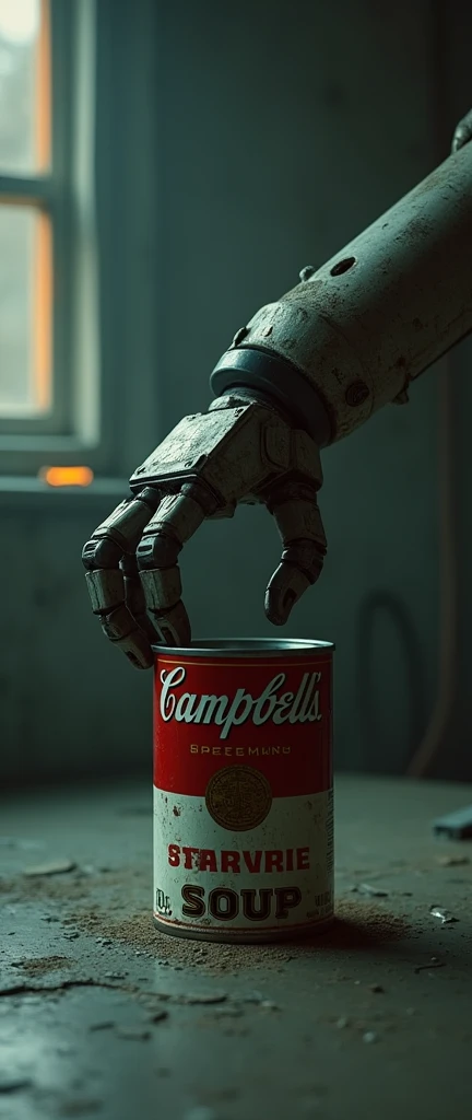 (masterpiece:1.2, Exceptional Quality, mirror-like, Cinematic Experience, Photorealistic:2.0, RAW Photos:2.0, Super detailed), 8k, 16:9, wallpaper, (In a dimly lit, cyberpunk-inspired room:2.0), (vintage, industrial robotic arm:2.0) slowly opening a can of soup with an electric can opener, cold, metallic textures, minimal lighting casting long shadows, reflecting surfaces with a dull, bluish-gray hue, (slightly rusted Campbell’s soup can with peeling labels:2.0), eerie sense of decay and abandonment, (faint orange glow from malfunctioning LED lights:2.0), (monochrome palette:2.0), nostalgic yet unsettling atmosphere.