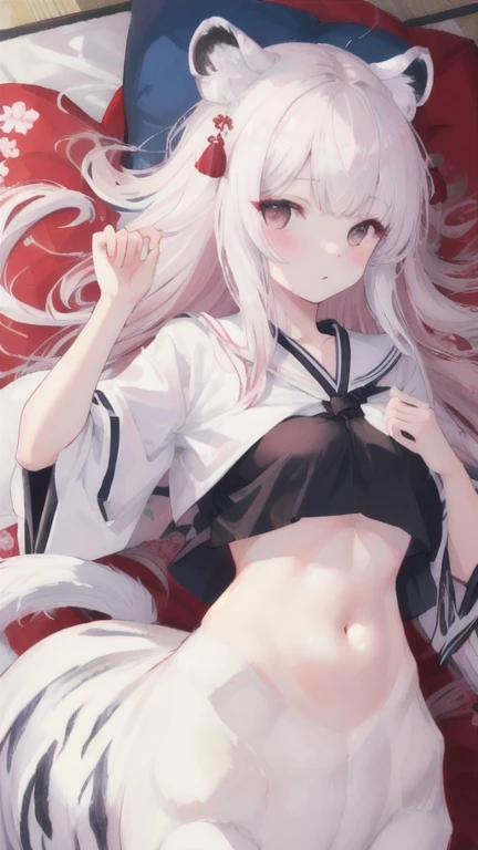 (best quality, masterpiece), 1 girl, centaur, I beg, White skin, Japanese girl,daught pink, exposing the abdomen, belly button t-shirt , beautiful girl perfect, White tiger photo, 완벽한 White tiger photo