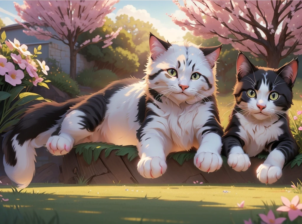 Two cats are running, white and black, professional painting by Ted Nasmith of a cat laying under sunlight. The cat has relaxed expression. There are pretty flowers around. It is spring evening time and clear weather. Smooth focus on the cat, dynamic pose, dynamic background, dynamic composition, dynamic lighting, realistic proportions, intricate details, 16k resolution, hdr, raytracing.