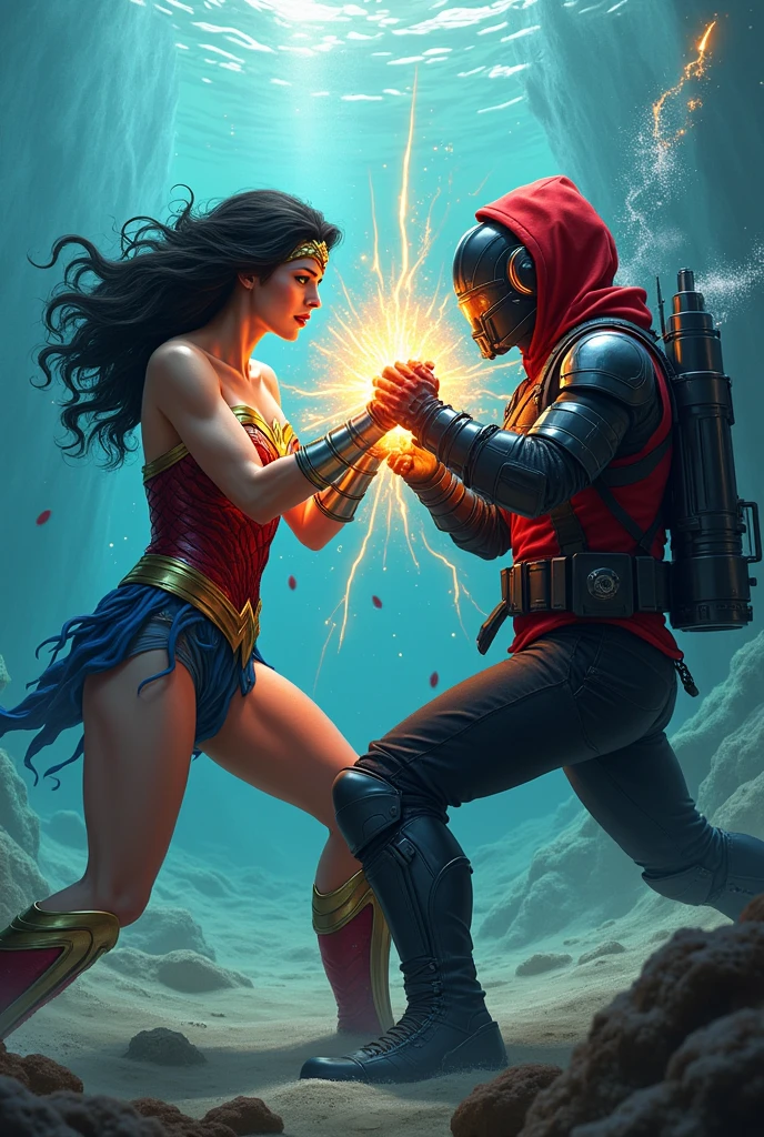 Wonder woman, big breasts, perfect body, Busty & Young Star-Lord with red hoodie, Rocket boots, headphones, star-lord helmet, gas helmet, Covered mouth, Round red eyes, ocean floor, underwater, Fighting with Shark, power, blood, Kick, Attack, magic rings in the hands, Fighting, power, fiction, full body, 2 persons, magic lasso, hight, fall, fire in boots, poweful spells, realistic, helmet, mask,