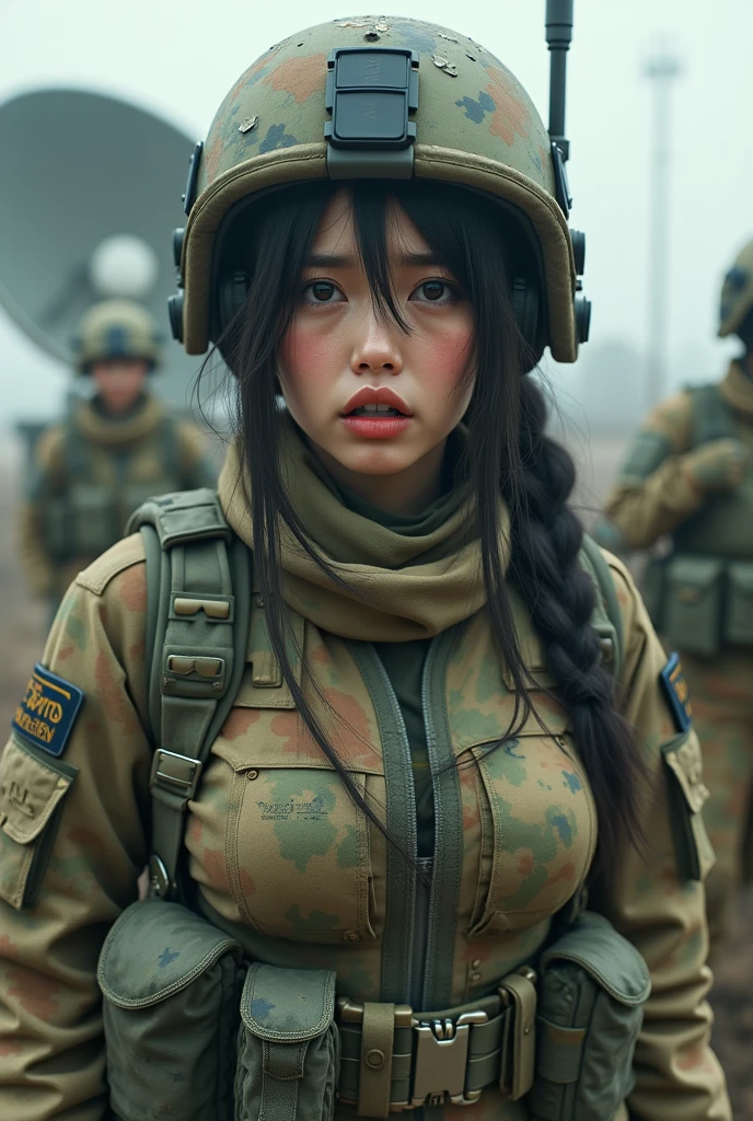 Photo-realistic, ultra-realistic, (very beautiful Japanese, famous Japanese idol:1.3), Fully equipped for battle, (painful impressions, crying:1.3), (wearing an army soldier's Camouflage outfits with military helmet:1.5), (at a battlefield base), large breasts, (tactical vest, military harness:1.3), dynamic angle, (muddied, damaged wears, damaged body:1.3), (Army Signal Corps), (She is talking on a military satellite communication equipment:1.3), communicating via a large transceiver, (large parabolic antenna:1.3),