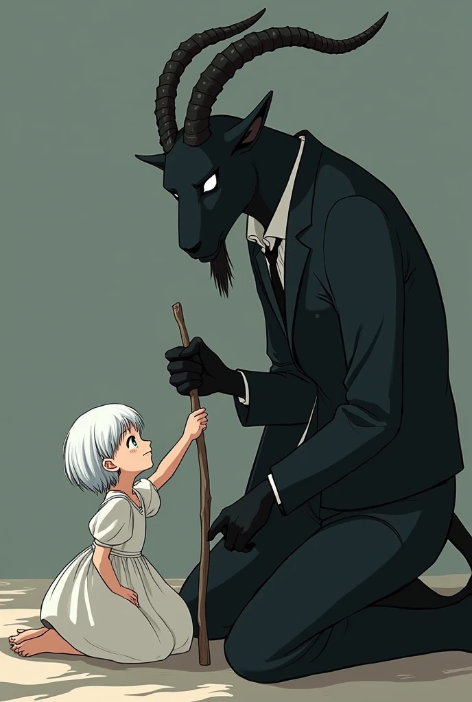 Anime Style Characters:
On the right is a large, dark figure resembling an anthropomorphic goat with demonic features.. It has a completely black body, delgado, and no visible facial details, except for his bright white eyes that stand out on his gloomy face. Its head has two long, twisted horns that give it a disturbing and mysterious appearance.. He is dressed elegantly, as if wearing a dark suit, Although its details blend with its black figure.
at your side, There is a with short white hair. She is dressed in a simple white dress and her expression is cheerful and curious.. She is sitting on the ground and seems to extend her hand towards the dark figure., interacting with him in a friendly and fearless manner, which contrasts sharply with the sinister appearance of the creature.
action:
The dark figure holds in one hand a long, thin stick or branch that is being touched by the girl., as if exploring or playing with it. This interaction suggests a relationship of closeness and trust between the two., Despite the creature's terrifying appearance.