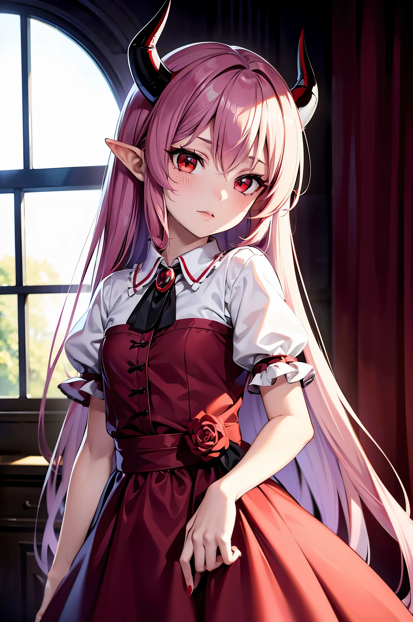 remilia scarlet, girl, red eyes, long hair, demon horns, short sleeve dress, young body, blood on body, high quality, 8k, best quality, 4k, ultra-detailed, realistic, photorealistic, vivid colors, sharp focus, professional, masterpiece, extremely detailed eyes and face, beautiful detailed eyes, beautiful detailed lips, long eyelashes, concept art