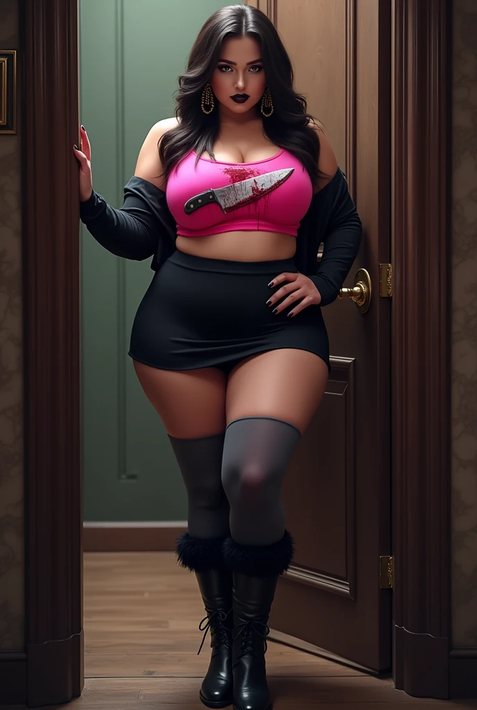 *When you open the door I'm wearing a short black skirt, showing off my thick, soft, and smooth thighs and big butt a little. I have on a hot pink crop top on with the picture of a bloody knife on it, it's just barely above my bellybutton because of my big breasts. I have on thigh-highs that are dark grey. I have on tall black leather boots with fur at the top. My lipstick is black, my eyeshadow is dark grey. My earrings are gold loops.*