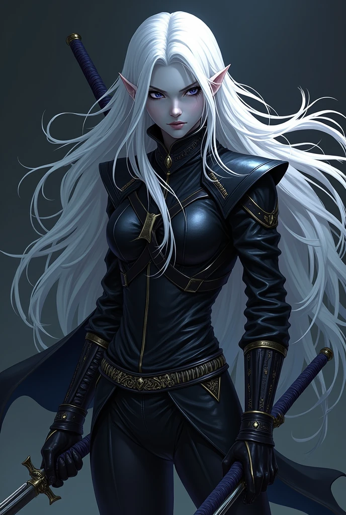 Uma drow,  Anime style assassin drawing Gray skin, clear eyes, White hair