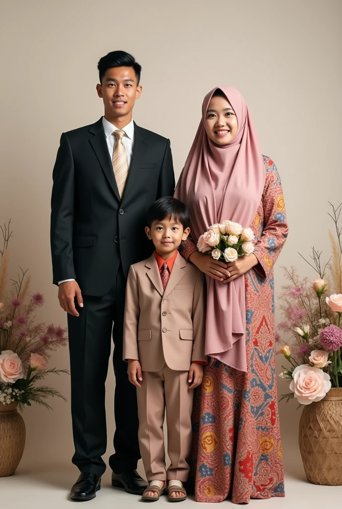 Portrait of young Indonesian man 18 years old wearing a suit and young Indonesian woman 1 wearing kebaya and hijab and boy wearing a suit and girl wearing kebaya and hijab standing in a photo studio room,there are flower decorations