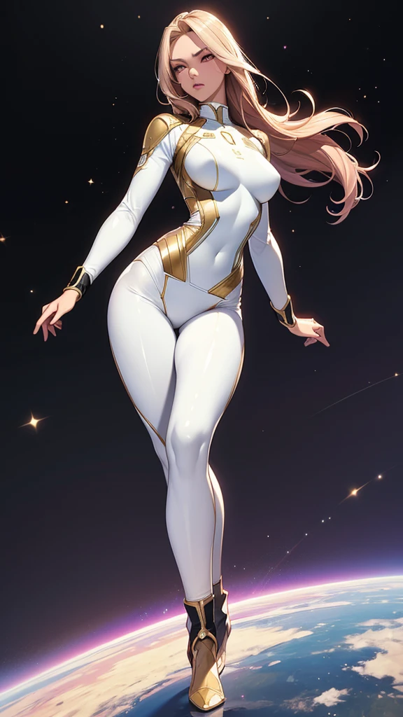 A athletic gorgeous woman, Normal breasts, Solo, White skin, Pink eyes, long blonde hair, wearing a skintight clothing army armor outfit with the colors white, black and gold, style super hero, standing, action pose, space uniform, Uniform tight to the body, no accessories, full body, black legs in the outfit