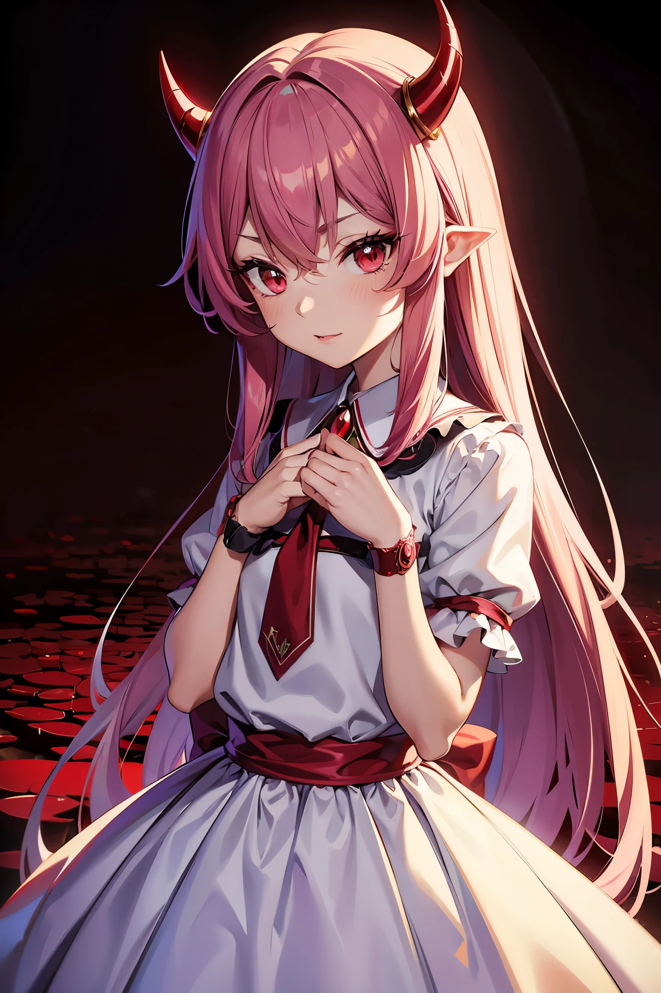 remilia scarlet, girl, red eyes, long hair, demon horns, short sleeve dress, young body, blood on body, high quality, 8k, best quality, 4k, ultra-detailed, realistic, photorealistic, vivid colors, sharp focus, professional, masterpiece, extremely detailed eyes and face, beautiful detailed eyes, beautiful detailed lips, long eyelashes, concept art