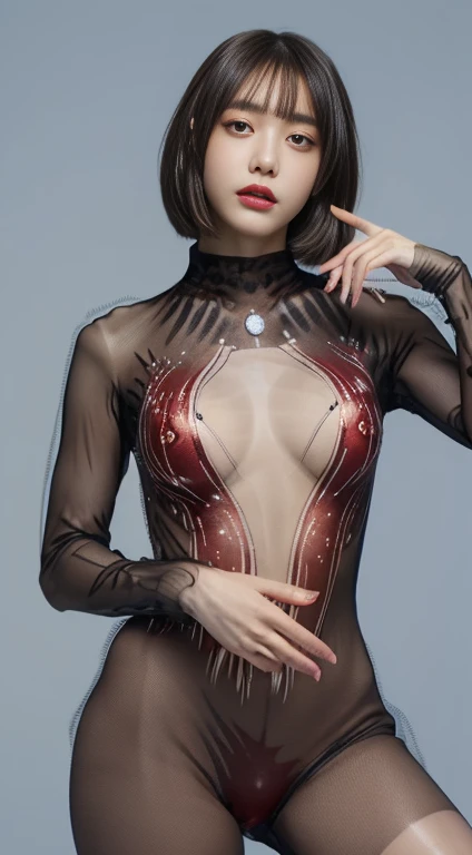 ((Realistic lighting, Highest quality, 8k, masterpiece: 1.3)), Clear focus: 1.2, 1 girl, Perfect Body Beauty: 1.4, Slim Abs: 1.1, ((Beautiful breasts, Small breasts: 1.3)), (Finished with body paint，Transparent Garnet Solo Transparent Mesh Transparent Catsuit: 1.4), (Simple gray background: 1.1),Body Paint Dresses， whole body, Long legs, Simple gray background, Highly detailed face, Beautiful Eyes, double eyelid，(Head to thigh photo:1.5)、Cool look、Flashy pose、Big exposed、Perfect Anatomy、thin、Detailed nipple shape、Detailed pubic shape、Looking up、want、