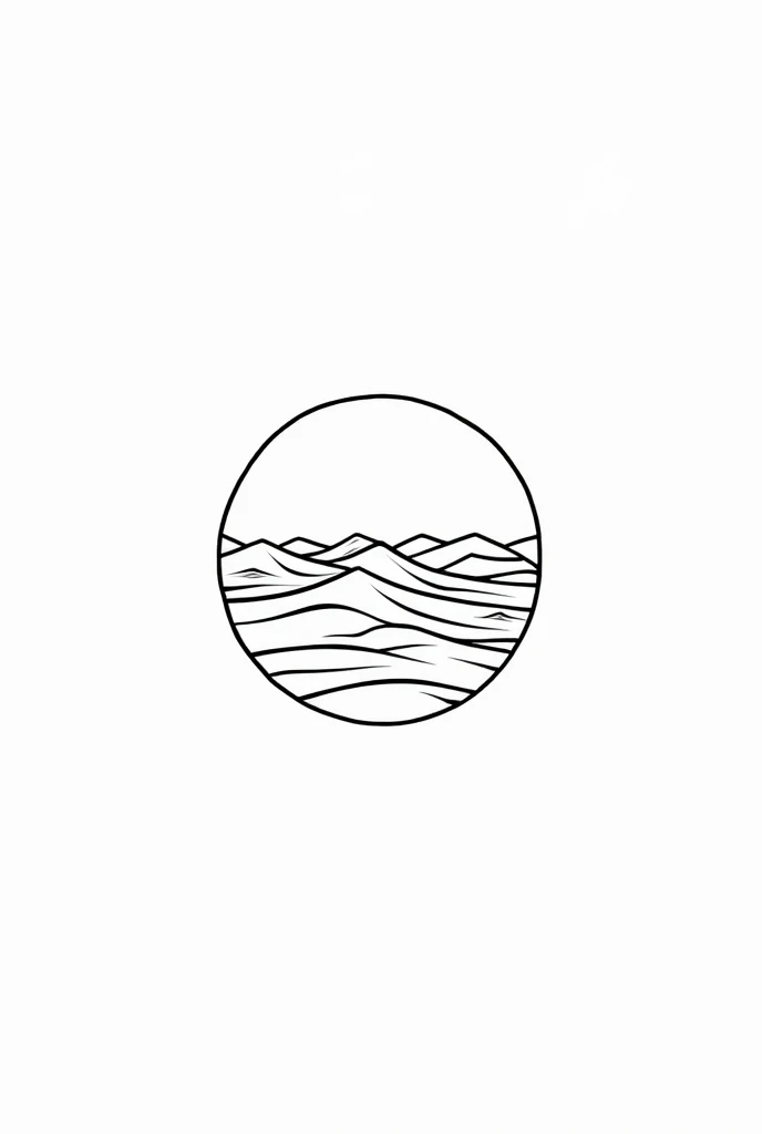 "A minimalist black line drawing symbol representing a desert, with a transparent background. The design should feature simple elements like sand dunes, waves, all drawn in clean, bold black lines in a circle. The overall style should be modern and easily recognizable, with no additional colors or shading, making it suitable for use as an icon or logo."