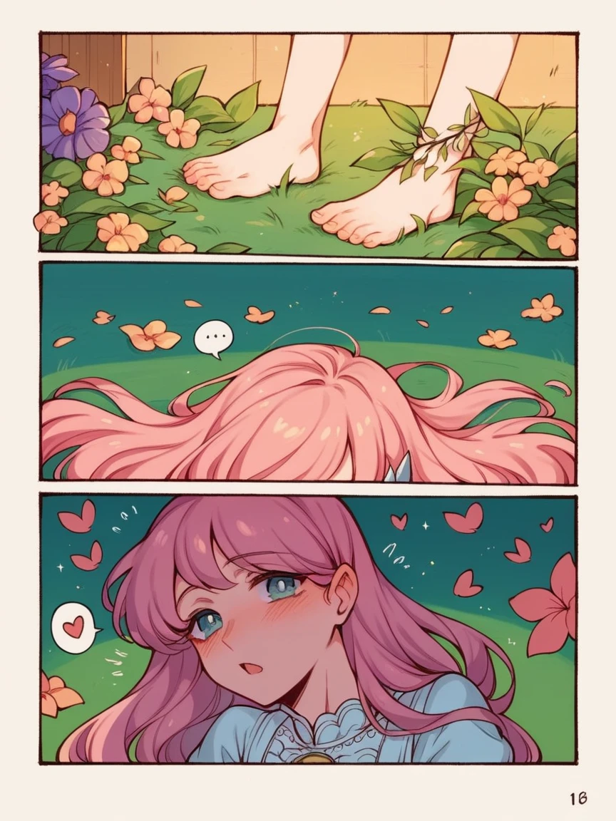 score_9, score_8_up, score_7_up, score_6_up, p4n3ls, 1girl, 1boy, flowers, long hair, panels, (8k, best quality, master piece: 1.2),super high resolution,A page of a soft pastel colored comic book divided into frames、Romeo and Juliet、A princess falls in love with a demon、speech bubble、Powerful girl manga style