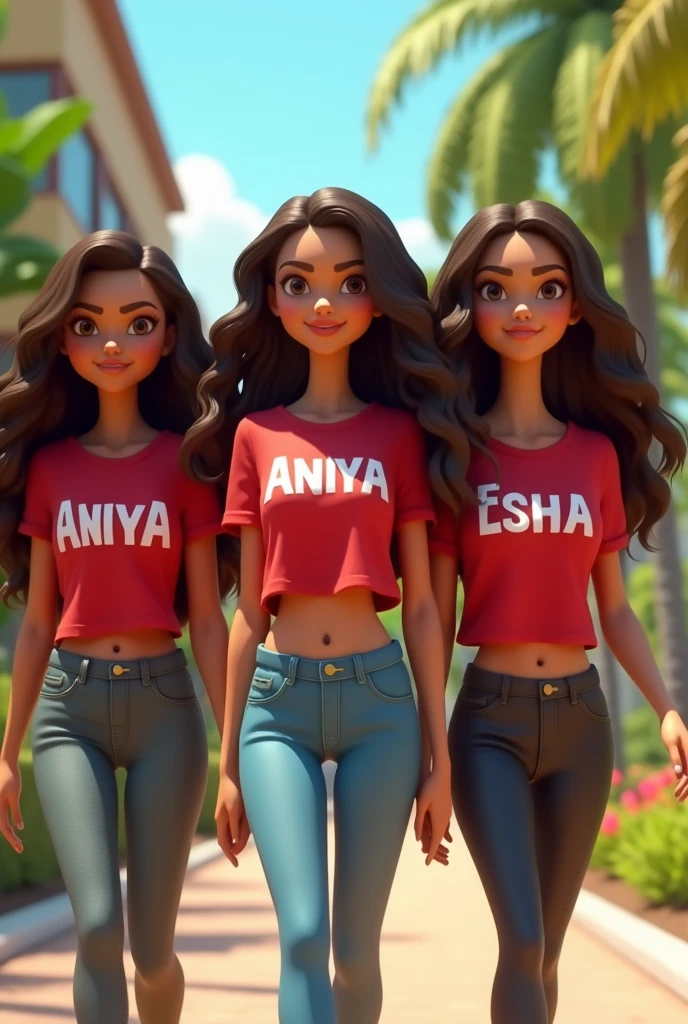 A captivating 3D animated scene featuring three ravishing Latina ladies, Sarah, Maryam and Gazelle, with Bratz features and brown hair. They all wear red shirts with their names in bold letters and pants. A white T-shirt has a sign reading “Taniya” while Nadine reads “Anaya” The red shirt also carries a sign that says "Esha" With big smiles on their faces, the girls stroll through a picturesque park. Their long, wavy brown hair gently flows in the breeze, and their expressive brown eyes sparkle with joy. The background is a stunning 18k UHD photorealistic rendition of a lush garden, showcasing a mix of nature and urban elements. The overall vibe is fun and trendy, perfect for a summer day. Pictures, 3D rendering, fashion