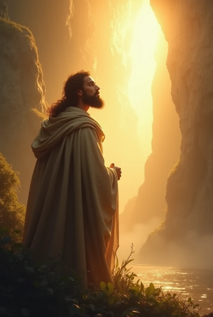 A friendly style image of Noah listening to God. God can be represented in a gentle way, perhaps like a bright light or a voice from heaven. Noah must appear attentive and receptive, with a background that shows the surrounding scenery