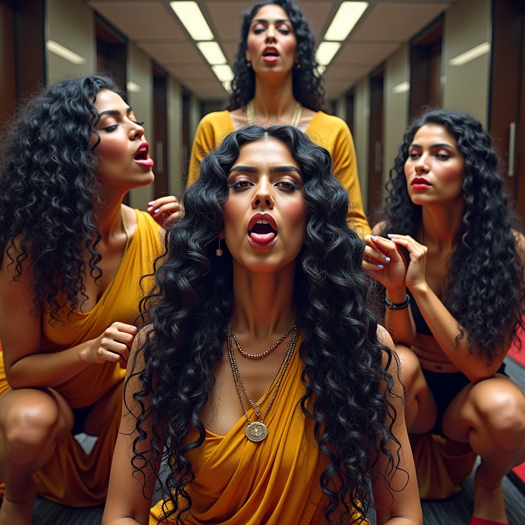 in luxerius office items sorrounded bright lighted modern indian office,a mature indian kneeled with jer unbeliveable 3c curly black with little yellow heavy volumed hair in squat pose very closely to her lesbian very young 1 in age tall sexy girl in saree who got similar 3c curly extreme heavy volumed black hair.she is in low pontail and standing,after the ponytail her hair is become extreme bushy bigger than her body running to the floor.She is taken squat pose lady's yellow hair with hand and checking.Since they do this act,Other office ladies also got errected and playing with their huge breasts pressing them harder to show these two ladies.these all ladies are with dress exactly in as per image prompt,all of them,with their hairs respectively color for the ladies hairs in as per image prompt,their long,meticulaiursly colied until become perfection with shining spills and flows thriugh the floor,red lipsstick,natural tongues pulled out,These all ladies' faces are with showing full of sexual wildness showing out from their faces exact as in image prompt,Their eyes are fullfill with sexual wildness with raping hair as per the imahe prompt,(Show me their tongues,long tongues:1.0) styled with 100000 liters hair oil,hairs like viscus oiled pulp,slick combed hair lines highly visible,{{{{Ladies wears perfect dresses in perfectt busty}}}},{{{{{NSFW}}}}},{{{{{{Hairs highly soaked}}}}}},{{{slick combed hair lines}}}},{{{{Hairlines reflecting shinning like mirrors with water}},{{{{{Showcase full bodies perfect busty breast figures}}}}},{{{{{High resolution perfect color grading}}}}}},{{{Perfect hairs on all ladies exactly in image prompt}}}}}}},((((((((Generate ethnicity as indian sexy build ladies))))))))),((((((Generate wildness poses where shows the wildness of the sexually wildness and extremly extremly wildness in to hair licking by their tongues exatly as image prompt))))