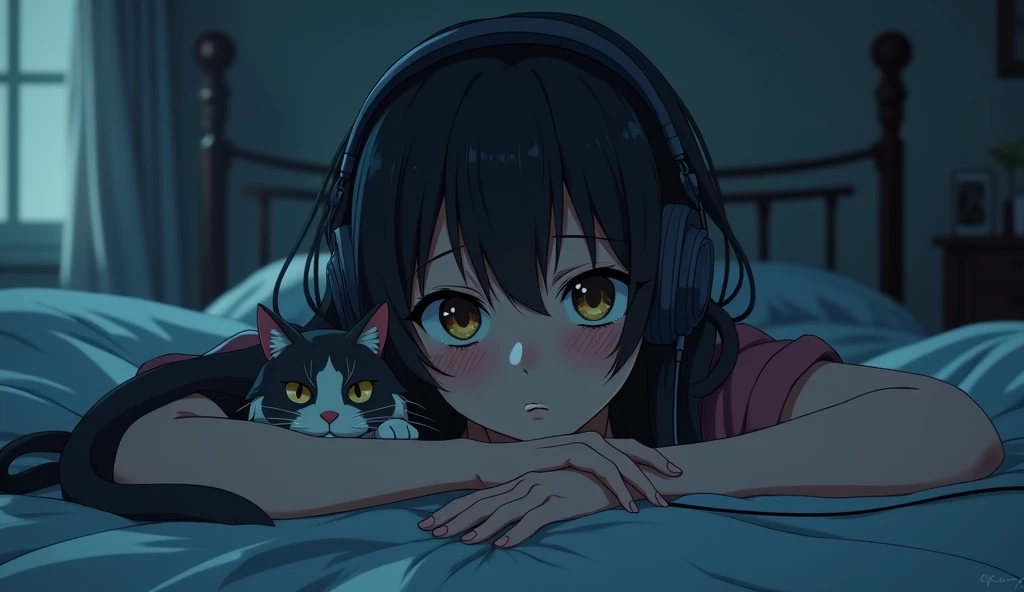 Perfect image, 8k、night、dim、high school girl、Mature、Big Breasts、sweat、Using headphones、bed、Cat、 2D-style animation, Lo-Fi、Retro、Emotional、Anime style illustrations