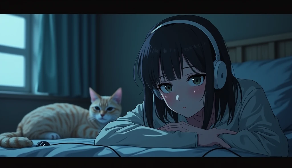 Perfect image, 8k、night、dim、high school girl、Mature、Big Breasts、sweat、Using headphones、bed、Cat、 2D-style animation, Lo-Fi、Retro、Emotional、Anime style illustrations
