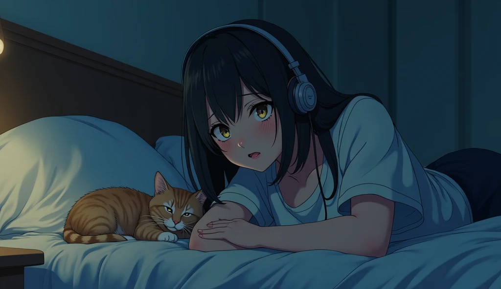 Perfect image, 8k、night、dim、high school girl、Mature、Big Breasts、sweat、Using headphones、bed、Cat、 2D-style animation, Lo-Fi、Retro、Emotional、Anime style illustrations