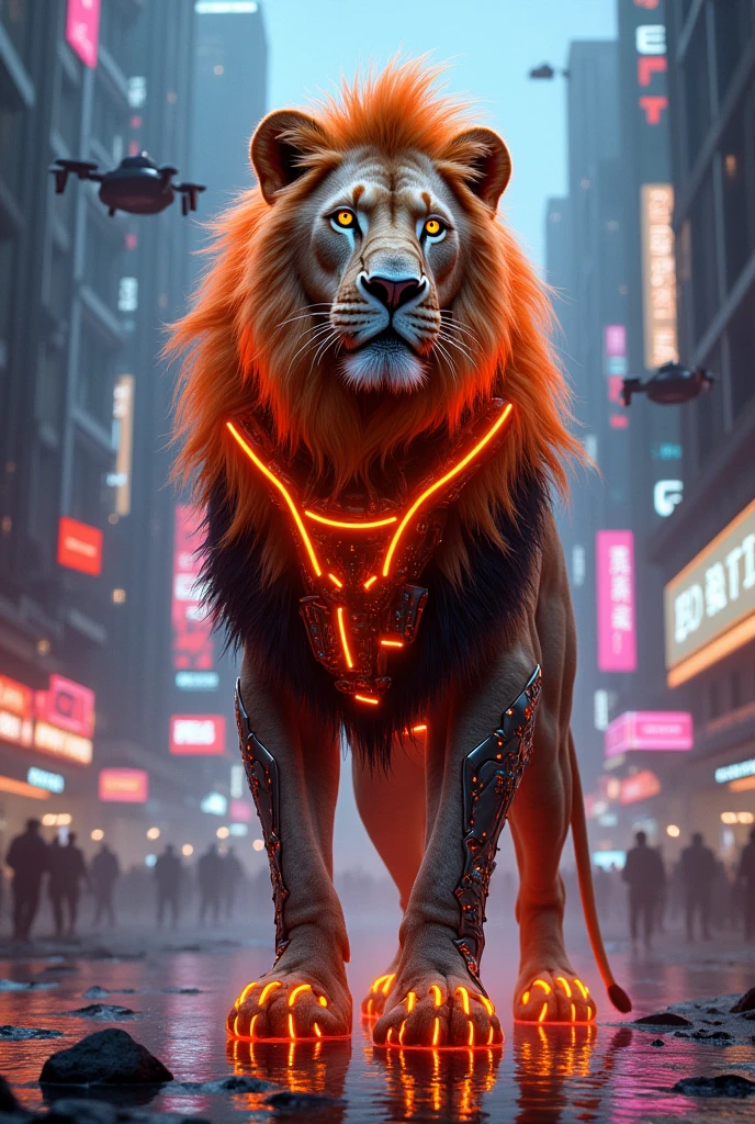 Lion with cyberpunk costume with neon orange lights 