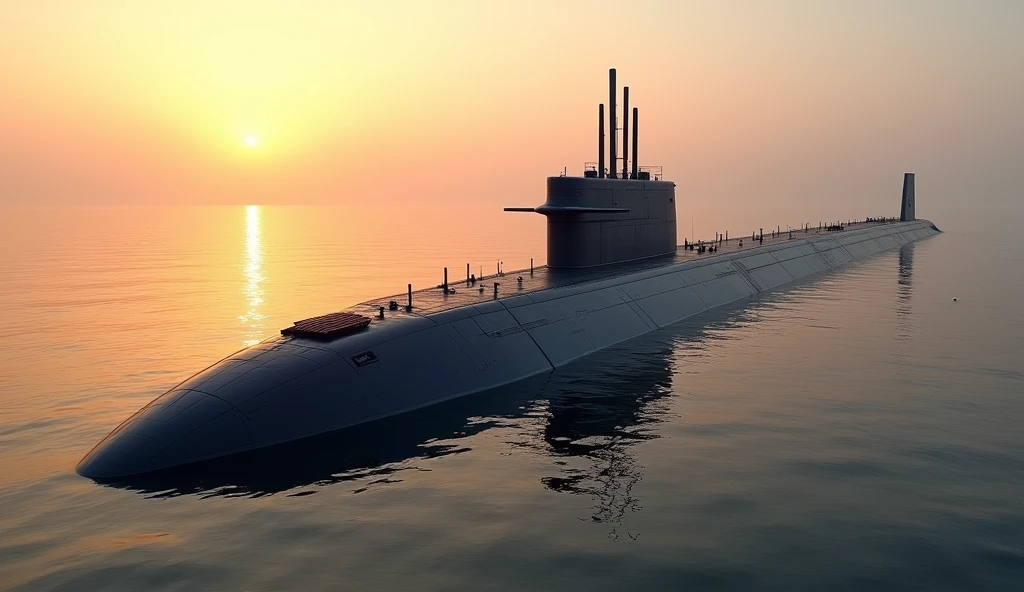"Create an image of INS Arighat, India's advanced nuclear-powered ballistic missile submarine. The submarine should be depicted submerged just below the water’s surface, showcasing its sleek and powerful design. The hull should be dark, nearly black, with subtle detailing that hints at its advanced technology and stealth capabilities. The submarine should be slightly angled to highlight its length and the missile hatches on the top. The surrounding water should be calm, with the sun setting in the background, casting an orange glow over the scene. Above the surface, a few birds might be visible, emphasizing the quiet and undetectable nature of the submarine. The overall mood of the image should convey strength, stealth, and strategic importance."
