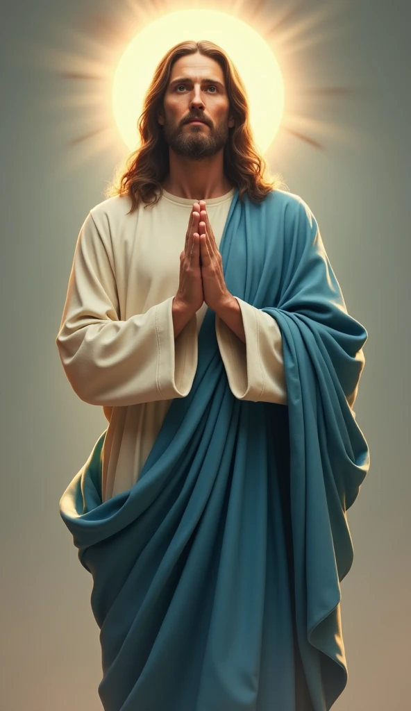 Image of Jesus Christ, medium distance, high quality, realistic. he has his hands together praying if he is speaking directly to me, angel halo on head, hiper realist, white and blue clothes