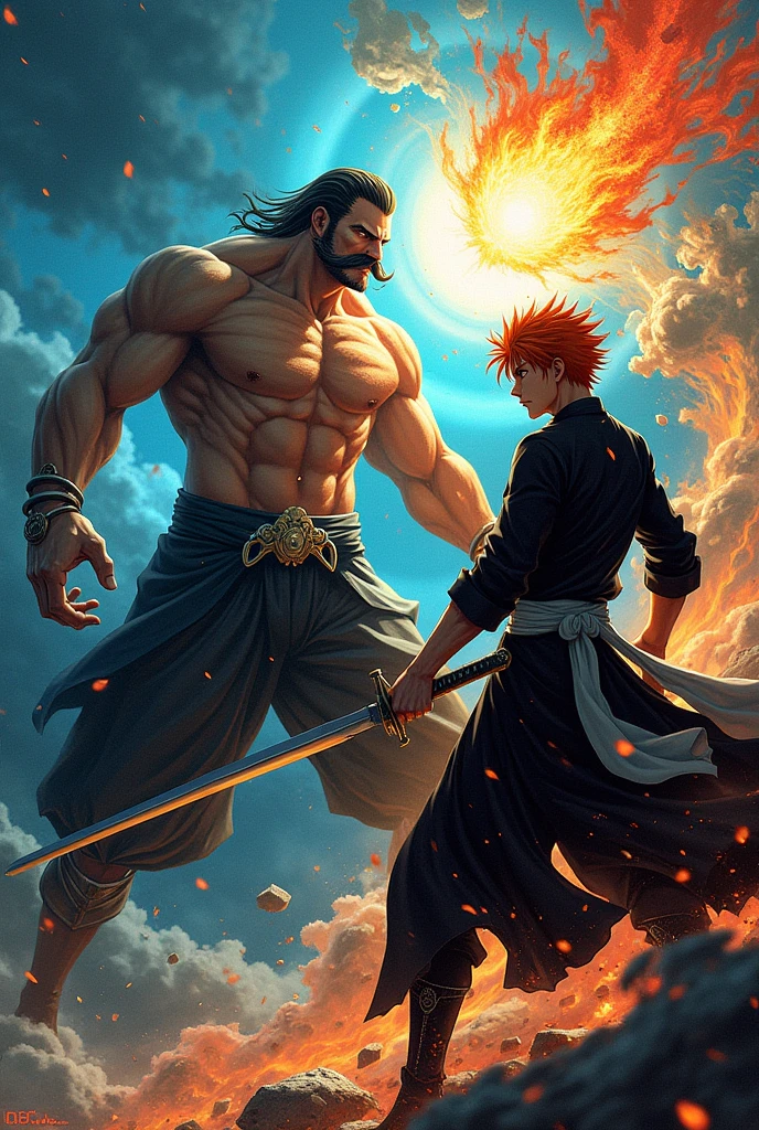 Generates the super hero super mustache, Next to him put Ichigo Kurosaki, shows the 2 fighting


