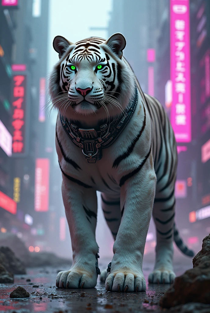 A white tiger wearing a cyborg suit sitting in the cyber punk city with purple and blue light along with green eyes 