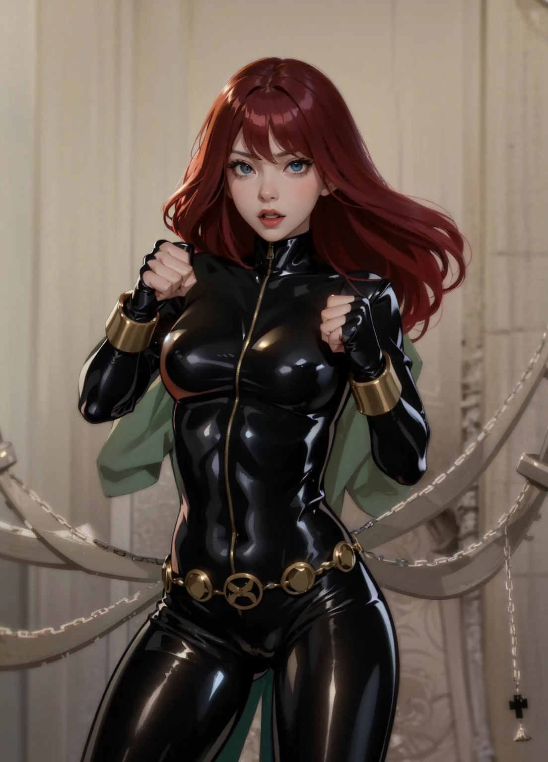 The image is a drawing of a girl with shoulder-length, bright red hair dressed in a sleek skin-tight shiny black latex bodysuit with a silver zipper running down the front. The suit is complemented by her golden wrist guard on both wrists and a golden belt made of shiny circles. She appears with a cute smile on her face. She has blue eyes. She stands with a strong posture, hands clenched into fists at her sides, and eyes cast with a determined or fierce gaze. In the background, there are white chains that curve upwards. Her overall stance and the background chains convey a powerful presence and a sense of energy, readiness for action, and possibly a dangerous situation.