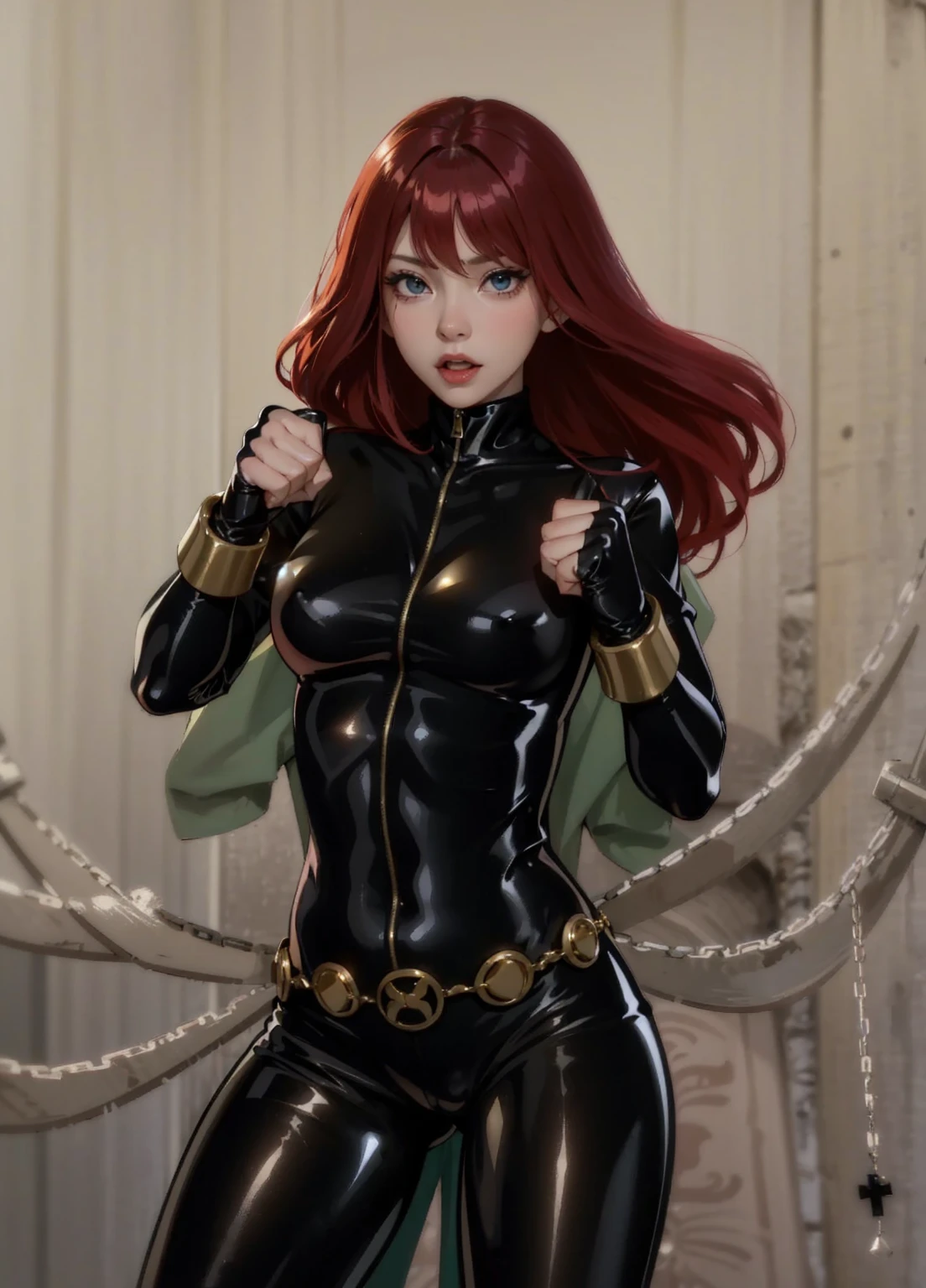 The image is a drawing of a girl with shoulder-length, bright red hair dressed in a sleek skin-tight shiny black latex bodysuit with a silver zipper running down the front. The suit is complemented by her golden wrist guard on both wrists and a golden belt made of shiny circles. She appears with a cute smile on her face. She has blue eyes. She stands with a strong posture, hands clenched into fists at her sides, and eyes cast with a determined or fierce gaze. In the background, there are white chains that curve upwards. Her overall stance and the background chains convey a powerful presence and a sense of energy, readiness for action, and possibly a dangerous situation.