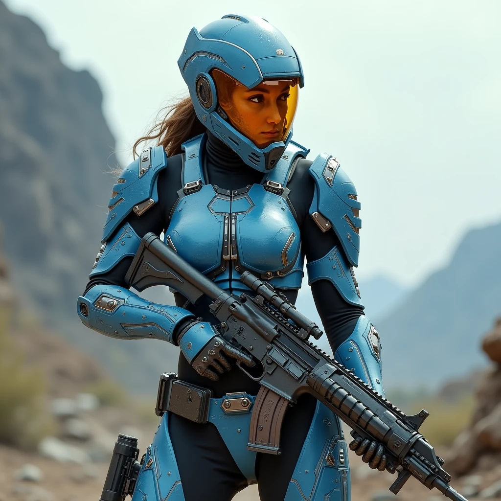 A full-protection helmet mask and futuristic high-tech combat armor made of ice and fire,Sci-fi female space warrior,High-tech science fiction magical weapons,Tactical equipment,Shooting stance,Battlefield environment,Art Photography