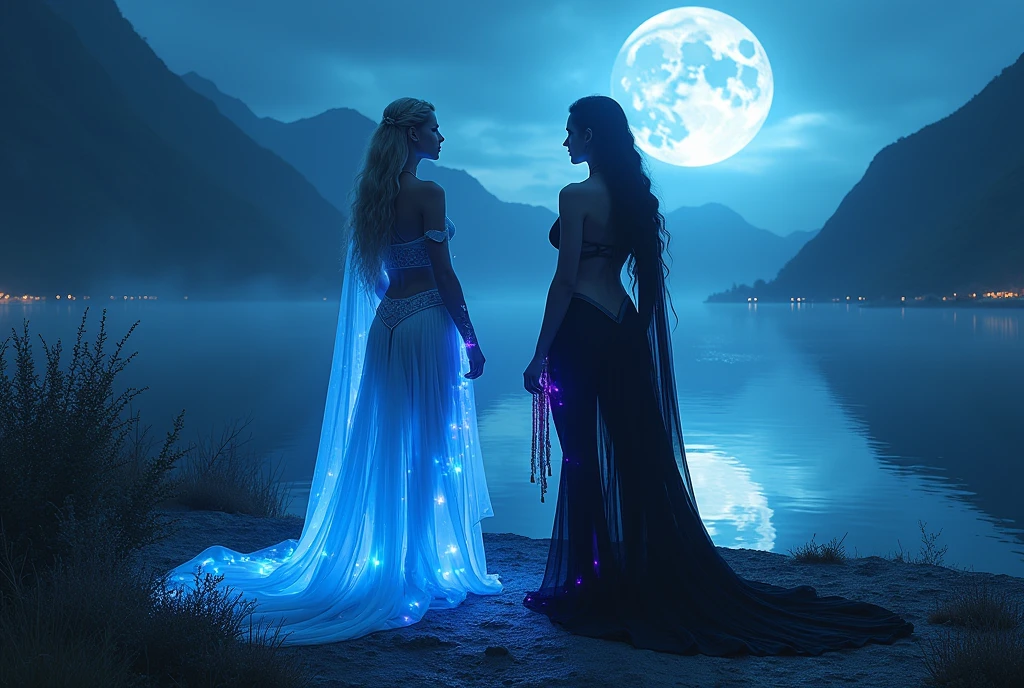 (masterpiece:1.6), (extremely high-quality:1.6), (photorealism:1.6), (8K ultra high definition:1.6), (cinematic lighting:1.4), (dramatic moonlight:1.4), a breathtaking, photorealistic fantasy landscape under a blue full moon, with two characters standing on a firm terrain near the water's edge. The characters are facing forward, showcasing their divine presence. The first character, a Nordic warrior goddess, is adorned in an ethereal, translucent white silk outfit that reveals her curvaceous, athletic figure, including a large, firm bust, wide sculpted back, and well-defined legs and glutes. She has long, braided blonde hair, and her deep blue eyes shine with a divine aura. The second character, a divine sorceress, wears a black, ethereal, translucent outfit that clings to her voluptuous, perfectly sculpted body, with a large, firm bust and pronounced hips. Her long, wavy black hair and bright purple eyes exude a seductive and magical aura. Both characters emanate a magical glow, matching their eye color, and stand confidently against the mystical backdrop of towering mountains and a calm, reflective lake. The scene is illuminated with vibrant lights from the surrounding vegetation, creating an atmosphere of mystery, romance, and fantasy. No other characters are present, ensuring the focus remains on the intricate details and dynamic presence of the warrior and sorceress.