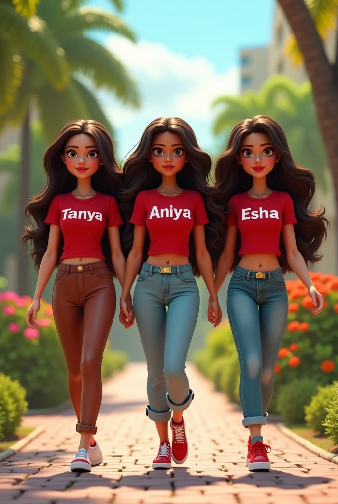 A captivating 3D animated scene featuring three ravishing Latina ladies, Sarah, Maryam and Gazelle, with Bratz features and brown hair. They all wear red shirts with their names in bold letters and pants. A white T-shirt has a sign reading “Taniya” while Nadine reads “Anaya” The red shirt also carries a sign that says "Esha" With big smiles on their faces, the girls stroll through a picturesque park. Their long, wavy brown hair gently flows in the breeze, and their expressive brown eyes sparkle with joy. The background is a stunning 18k UHD photorealistic rendition of a lush garden, showcasing a mix of nature and urban elements. The overall vibe is fun and trendy, perfect for a summer day. Pictures, 3D rendering, fashion