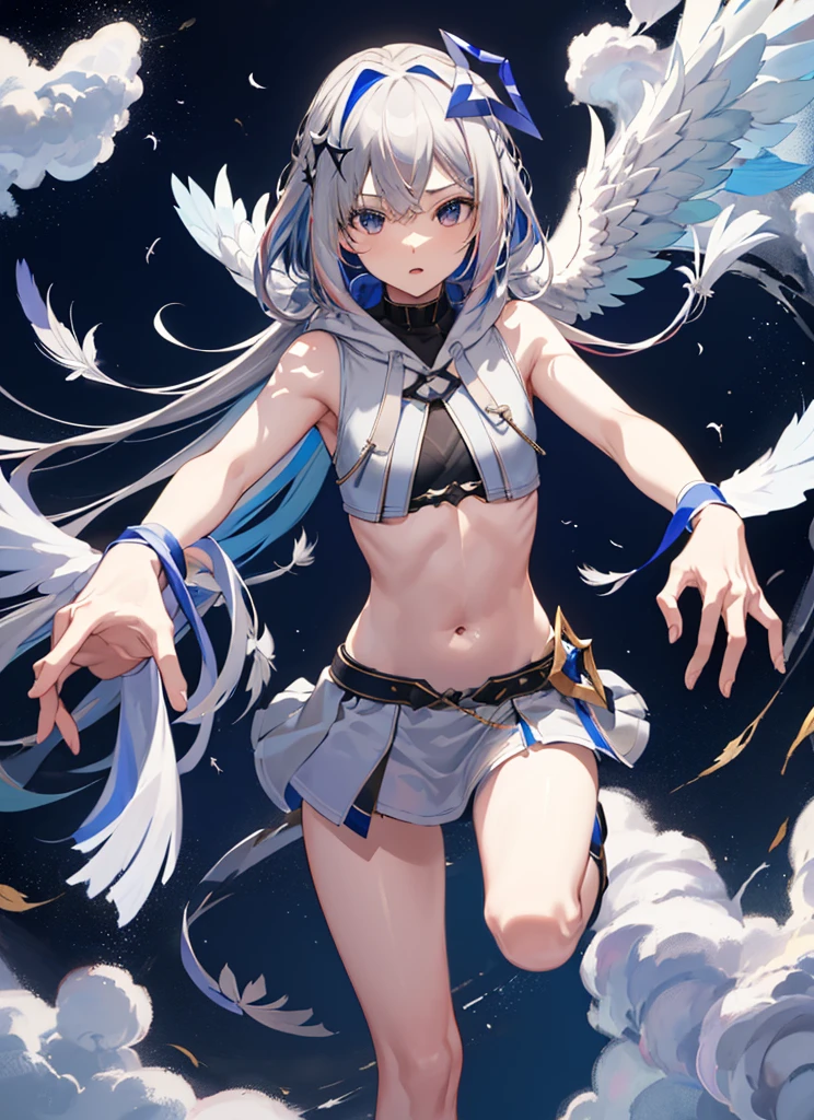 The Four Canatas,Ho****ve,Gray Hair,Angel Halo,(Cool pose,Dynamic pose),Night Sky,Top view,(One Girl,Black hoodie,whole body,Sleeveless,belly button,One white feather),((sea of clouds,A flying dragon in the background))