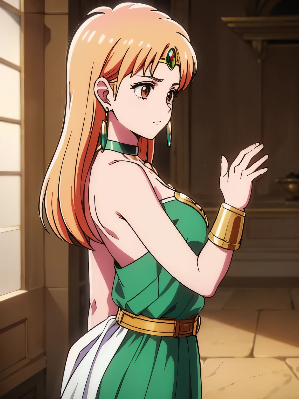 (masterpiece, highest quality:1.2, 8k yen, Ultra-high resolution), RAW Photos, Professional Lighting, Cinema Lighting, 1 girl, alone, Leona, Dragon Quest:dai no daibouken, (blonde, Long Hair, Brown eyes, hair ornaments, bangs), ((brass Circlet, choker, earrings, golden armor pads, Earrings, golden hair pin, white robe, green dress, Golden belt, golden bracelet, cloak)), Big eyes, ((no back ground)), (Ultra Slim Waist, Ultra slim model body style), Highly detailed face, Highly detailed eyes, (directly front view), full body shot, standing, 