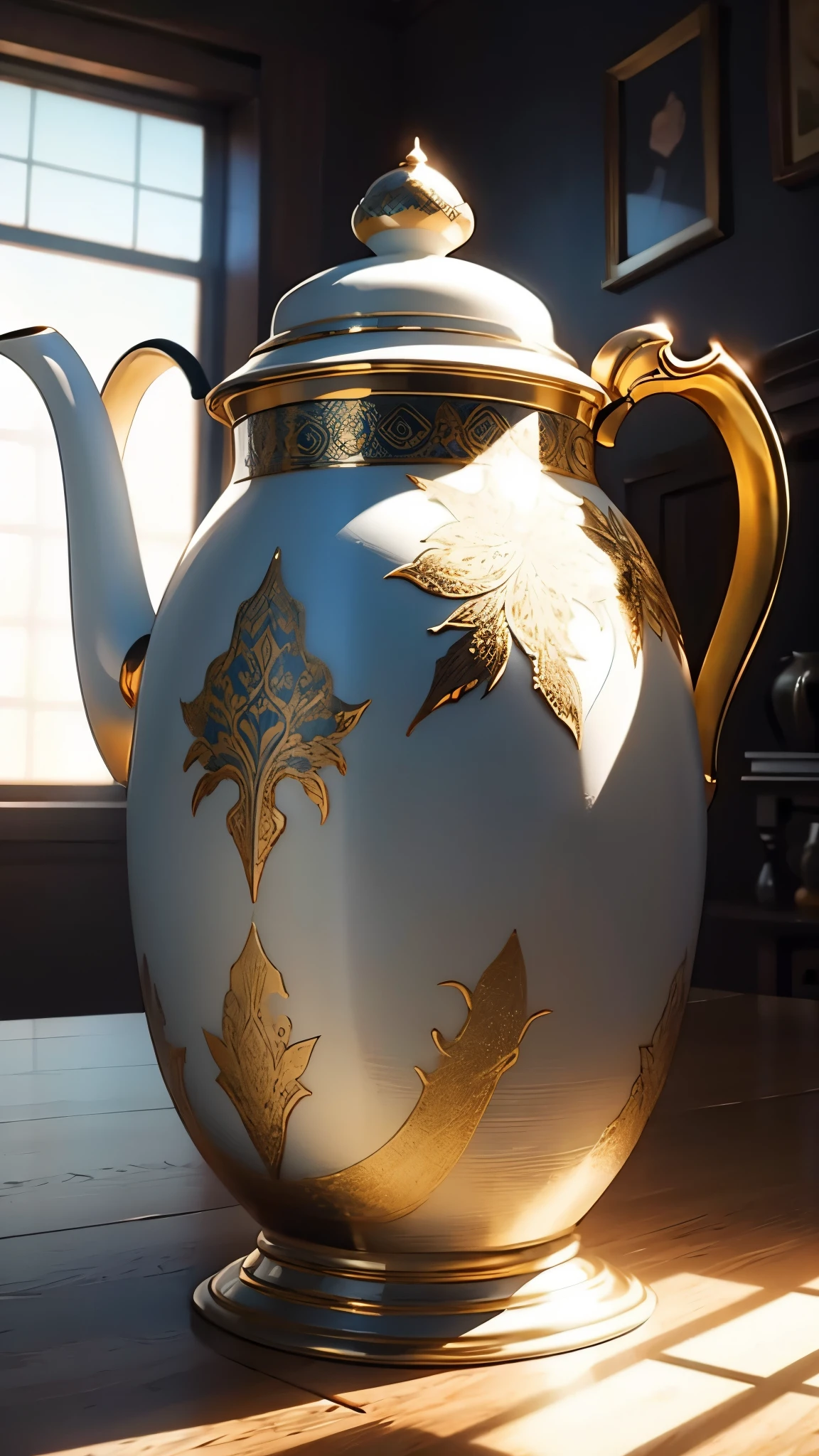 detailed ceramic teapot, highly detailed, photorealistic, 8k, intricate patterns, glazed surface, natural lighting, warm tones, ambient occlusion, depth of field, masterpiece