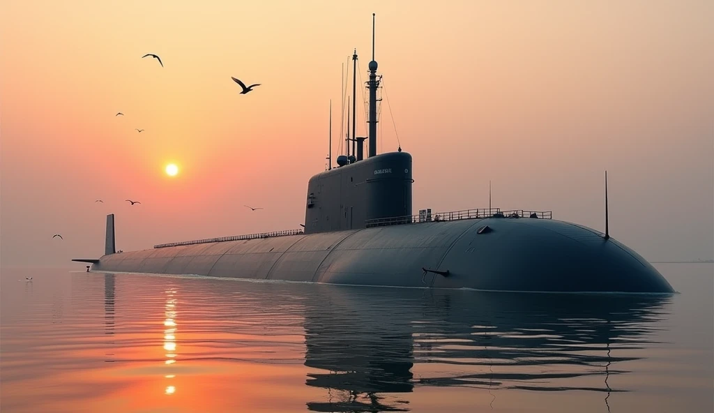 "Create an image of INS Arighat, India's advanced nuclear-powered ballistic missile submarine. The submarine should be depicted submerged just below the water’s surface, showcasing its sleek and powerful design. The hull should be dark, nearly black, with subtle detailing that hints at its advanced technology and stealth capabilities. The submarine should be slightly angled to highlight its length and the missile hatches on the top. The surrounding water should be calm, with the sun setting in the background, casting an orange glow over the scene. Above the surface, a few birds might be visible, emphasizing the quiet and undetectable nature of the submarine. The overall mood of the image should convey strength, stealth, and strategic importance."