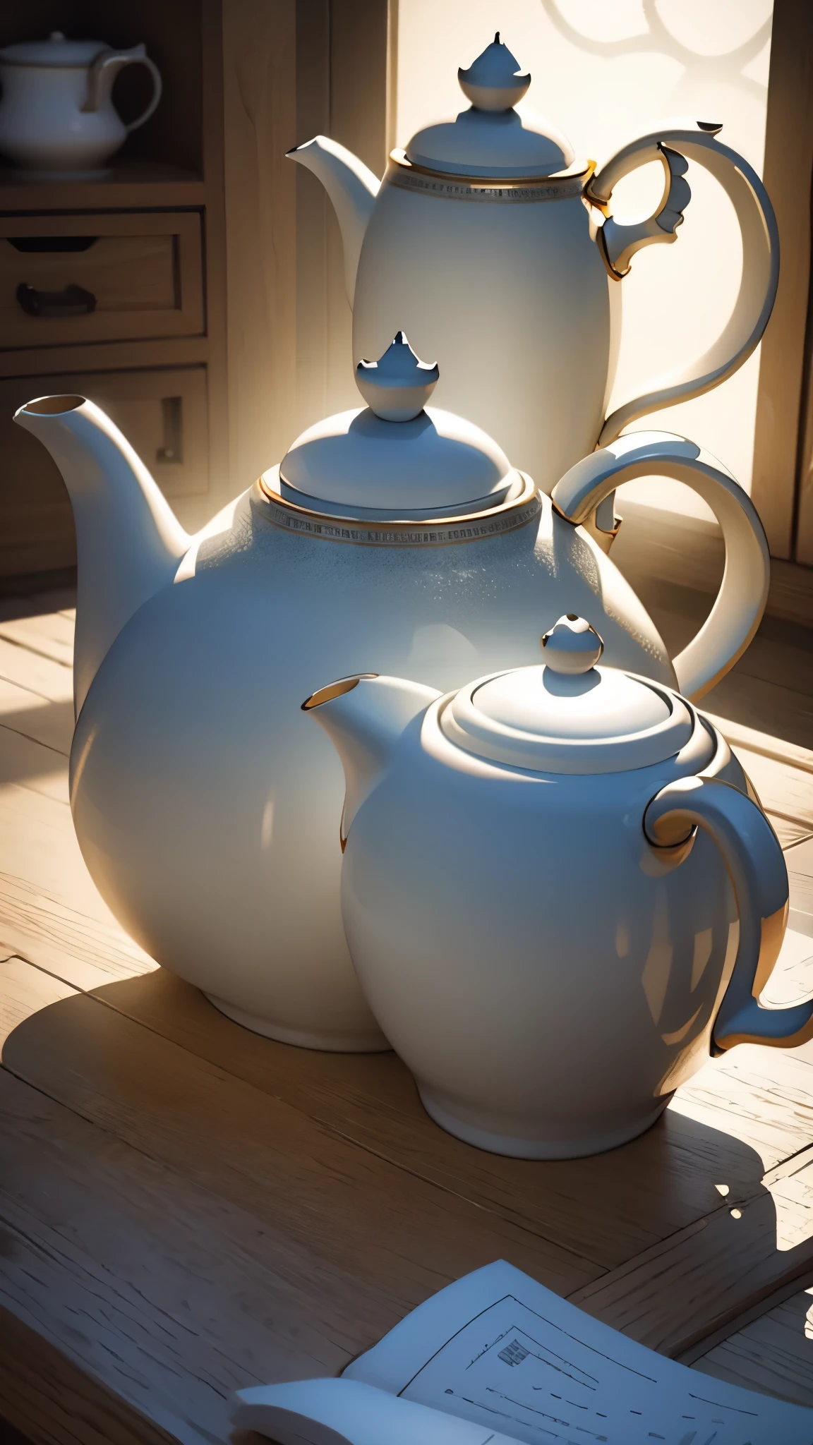 detailed ceramic teapot, highly detailed, photorealistic, 8k, intricate patterns, glazed surface, natural lighting, warm tones, ambient occlusion, depth of field, masterpiece