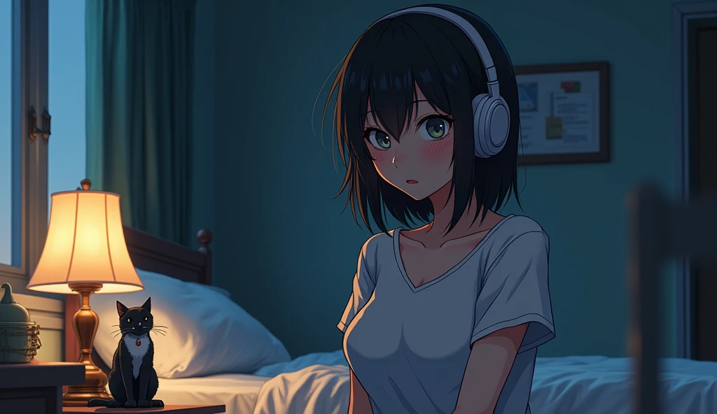 Perfect image, 8k、night、dim、high school girl、Mature、Being Calm、Big Breasts、sweat、Using headphones、bed、Cat、 2D-style animation, Lo-Fi、Retro、Emotional、Anime style illustrations
