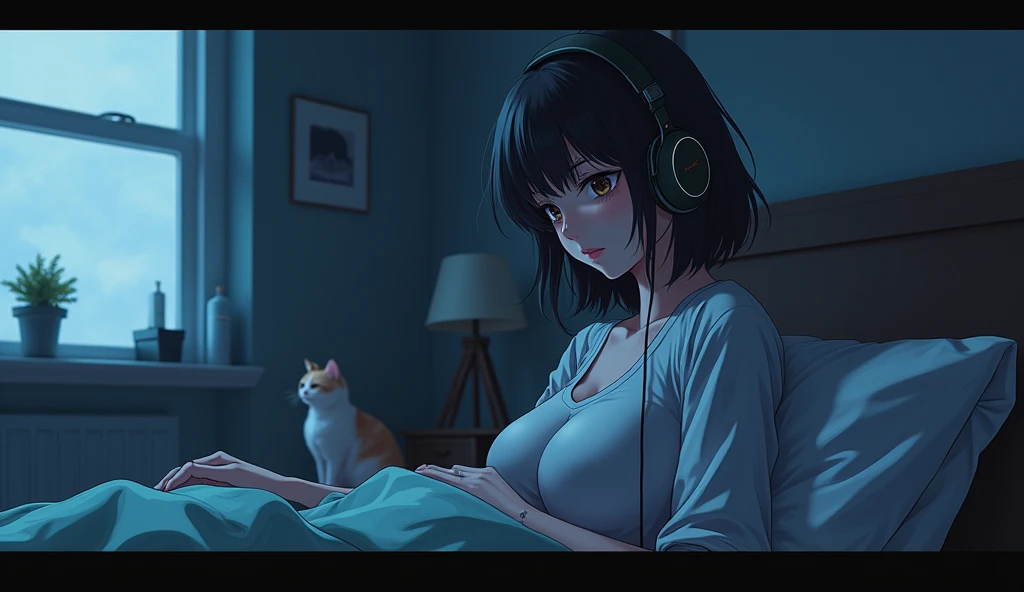 Perfect image, 8k、night、dim、high school girl、Mature、Being Calm、Big Breasts、sweat、Using headphones、bed、Cat、 2D-style animation, Lo-Fi、Retro、Emotional
