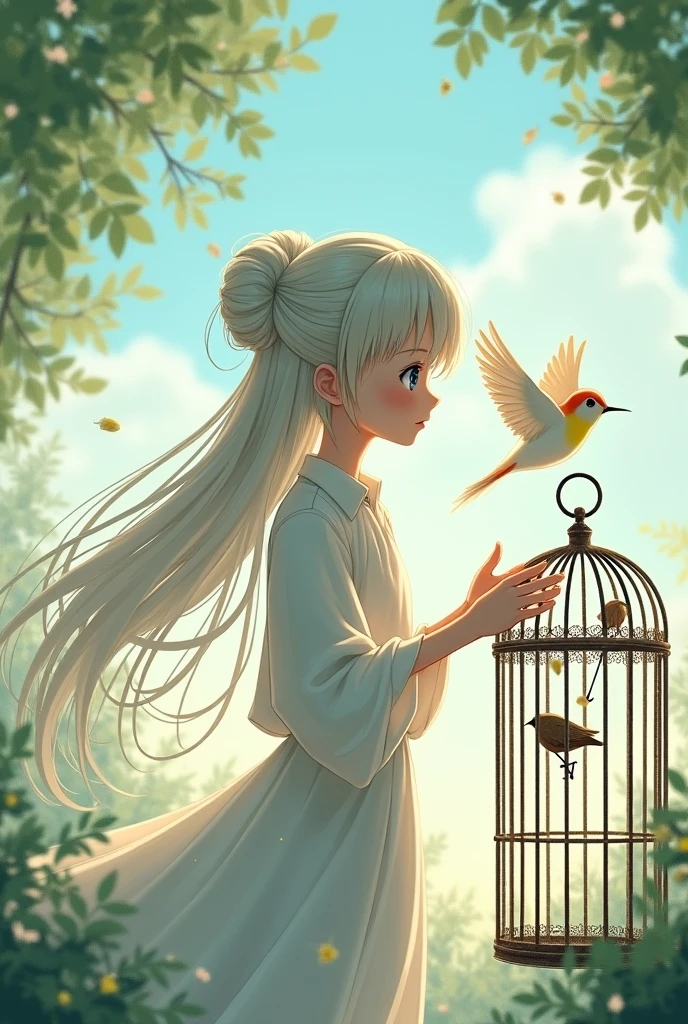 An Anime boy with long hair and make bun free a bird from cage