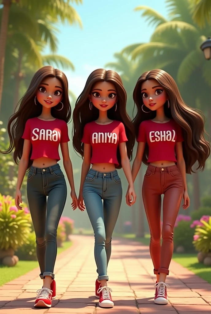 A captivating 3D animated scene featuring three ravishing Latina ladies, Sarah, Maryam and Gazelle, with Bratz features and brown hair. They all wear red shirts with their names in bold letters and pants. A white T-shirt has a sign reading “Taniya” while Nadine reads “Anaya” The red shirt also carries a sign that says "Esha" With big smiles on their faces, the girls stroll through a picturesque park. Their long, wavy brown hair gently flows in the breeze, and their expressive brown eyes sparkle with joy. The background is a stunning 18k UHD photorealistic rendition of a lush garden, showcasing a mix of nature and urban elements. The overall vibe is fun and trendy, perfect for a summer day. Pictures, 3D rendering, fashion