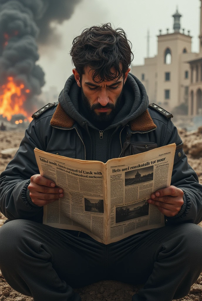 Give me an image of a person reading a newspaper  with  war background 
