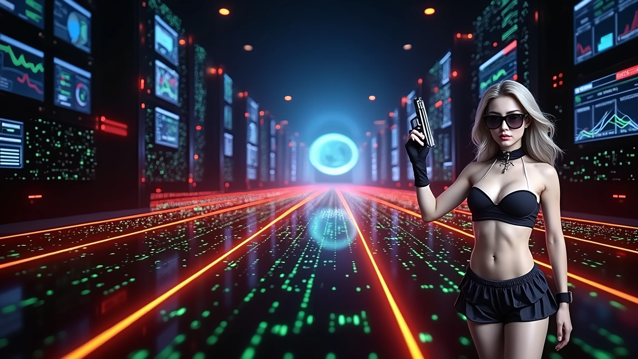 (Wide angle view). At night, Matrix inspired simple outlined futuristic AI data hub, all-glass servers, glowing IC wall, line art background. High-resolution OLED GUI interfaces in the building, The windows are filled with transparent data visualization infographics that show it all, floor decorated with very close-up green glowing Matrix cascading code. Colors are saturated and vibrant. At night, (1girl, solo, alone), photorealistic, large-breast slim:0.6 body, oval:0.5 face, black mini bra, cleavage:1.1, deep-v, very low angle view of black pleated miniskirt, white panty, (upskirt), glove, (Matrix style black micro sunglasses), (aiming viewer with a short gun), dynamic pose, (half-body thigh level close-up shot), cinematic lighting, ray tracing, motion blur background.