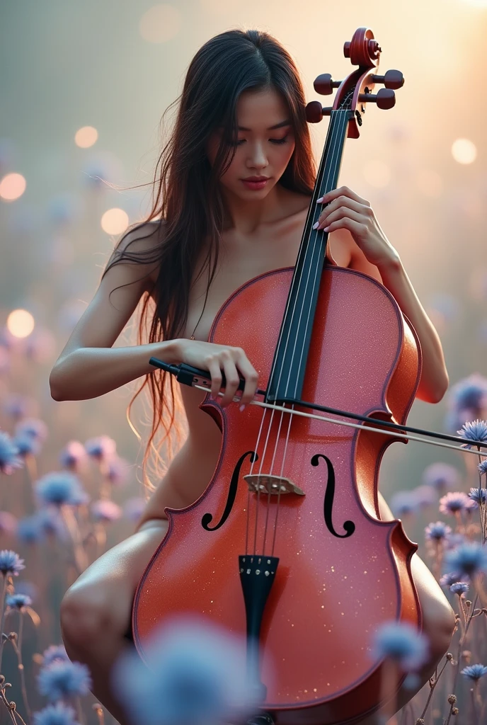 Hasselblad F1.8 Wide Angle Lens, Pink Tone Shot, Soft Blur Filter, Glitter, Sparkles All Over, Soft Pastel Tones, Full Nude, Soaking, Cute and Sexy Asian Woman, Very Long Light Gray Hair, Beautiful Big Breasts, Shiny Glowing Skin, Her Body Has A Lime Light, She Moans, She Sits on a Chair and Plays the Cello Under the Sunlight, The Cello Covers Her Full Nude Body, Her Hair Is Wet and Swaying, Blurred Blue and Pink Flower Field Background.