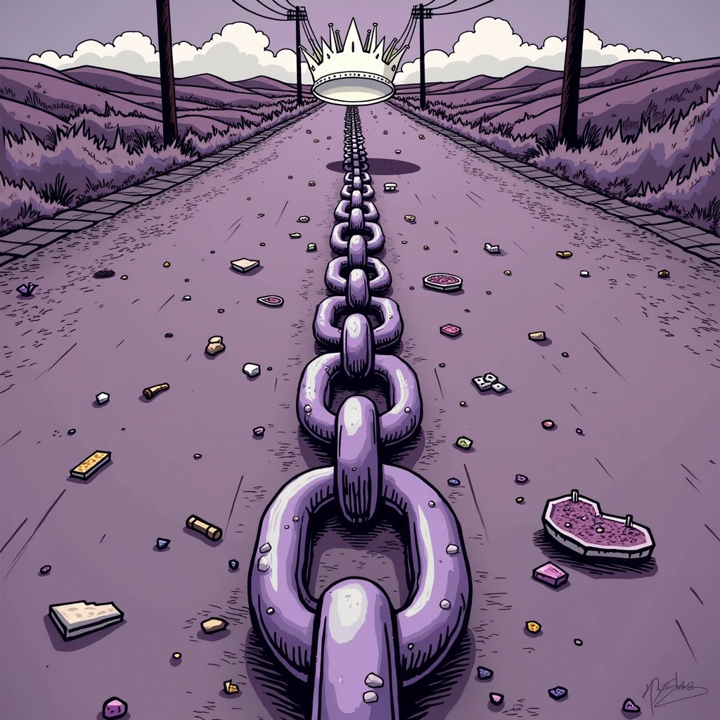 Purple chain thrown on a road, a white crown floating on the currents, pieces of debris on the road